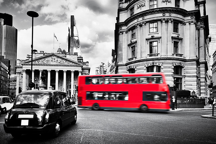 Red Bus in front of the Bank of England.